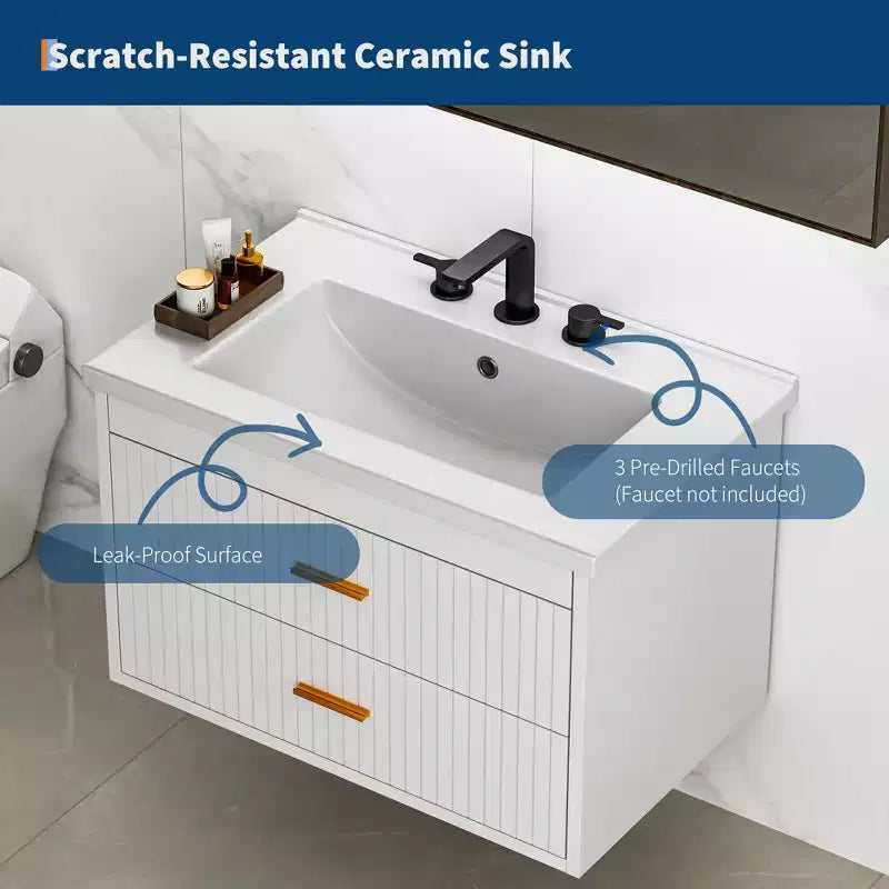 Mobile Bagno Sospeso 60/75 cm con Lavabo Mobiletto a Parete 2 Cassetti per Bagno