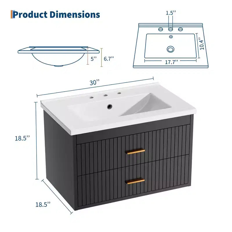 Mobile Bagno Sospeso 60/75 cm con Lavabo Mobiletto a Parete 2 Cassetti per Bagno