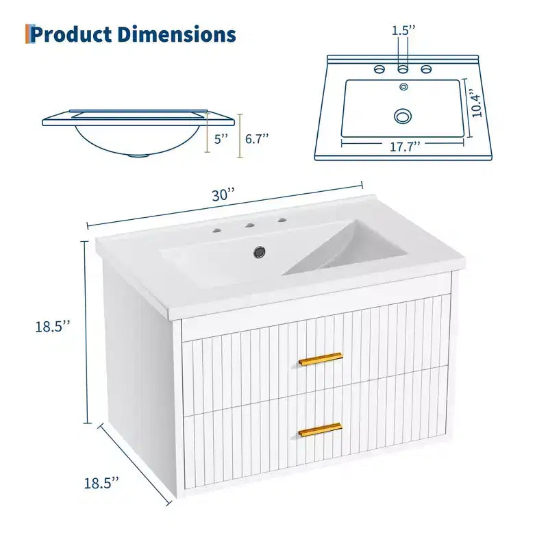 Mobile Bagno Sospeso 60/75 cm con Lavabo Mobiletto a Parete 2 Cassetti per Bagno
