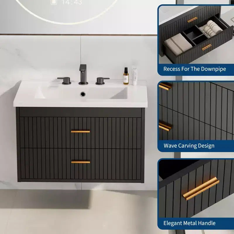 Mobile Bagno Sospeso 60/75 cm con Lavabo Mobiletto a Parete 2 Cassetti per Bagno