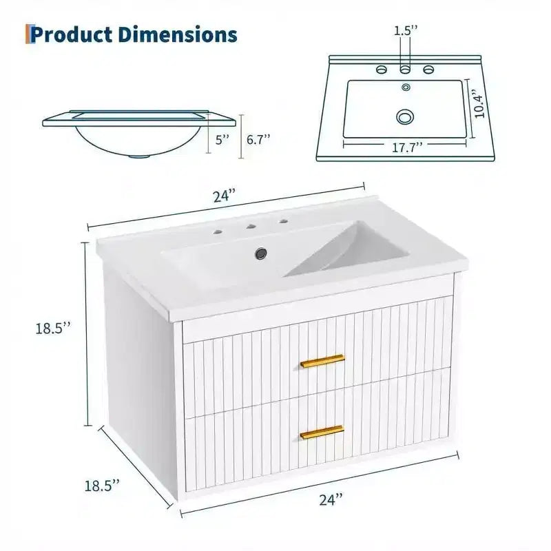 Mobile Bagno Sospeso 60/75 cm con Lavabo Mobiletto a Parete 2 Cassetti per Bagno