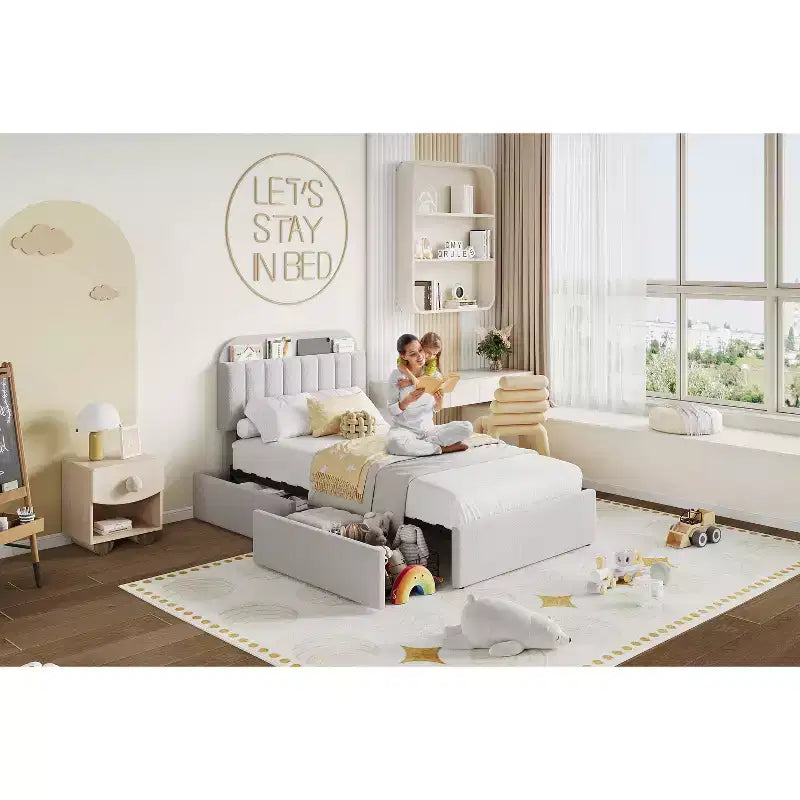 Twin Boucle Upholstered Platform Bed for Kids, Grey, with Storage Headboard/Bookcase/2 Drawers, Noise-Free, Easy Assembly, No Box Spring Need, Modern