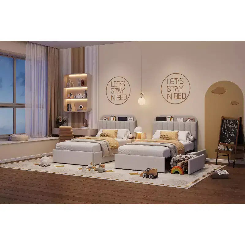 Letto a piattaforma imbottito in tessuto Bouclé, per bambini, grigio, con testiera/libreria contenitore e 2 cassetti, senza rumore, facile da montare, senza necessità di molle, moderno