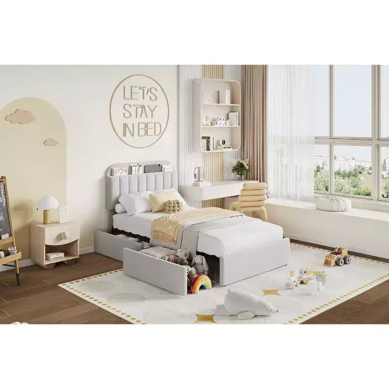 Letto a piattaforma imbottito in tessuto Bouclé, per bambini, grigio, con testiera/libreria contenitore e 2 cassetti, senza rumore, facile da montare, senza necessità di molle, moderno