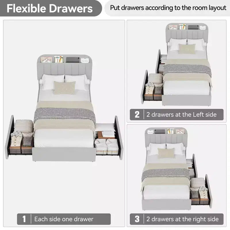 Letto a piattaforma imbottito in tessuto Bouclé, per bambini, grigio, con testiera/libreria contenitore e 2 cassetti, senza rumore, facile da montare, senza necessità di molle, moderno