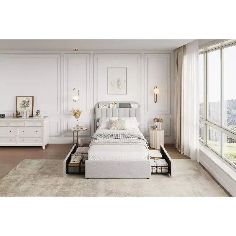 Letto a piattaforma imbottito in tessuto Bouclé, per bambini, grigio, con testiera/libreria contenitore e 2 cassetti, senza rumore, facile da montare, senza necessità di molle, moderno