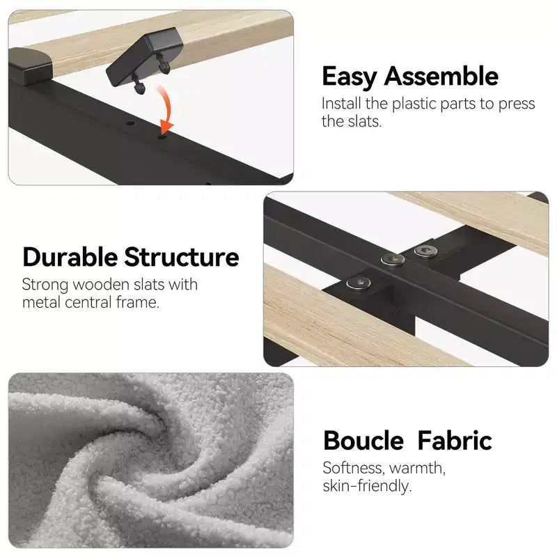 Letto a piattaforma imbottito in tessuto Bouclé, per bambini, grigio, con testiera/libreria contenitore e 2 cassetti, senza rumore, facile da montare, senza necessità di molle, moderno