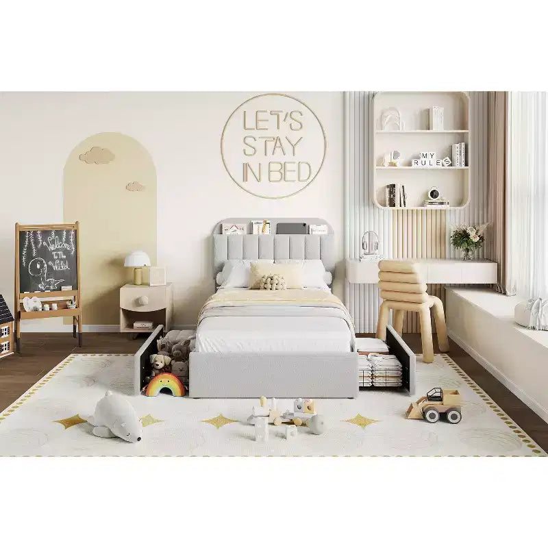 Letto a piattaforma imbottito in tessuto Bouclé, per bambini, grigio, con testiera/libreria contenitore e 2 cassetti, senza rumore, facile da montare, senza necessità di molle, moderno