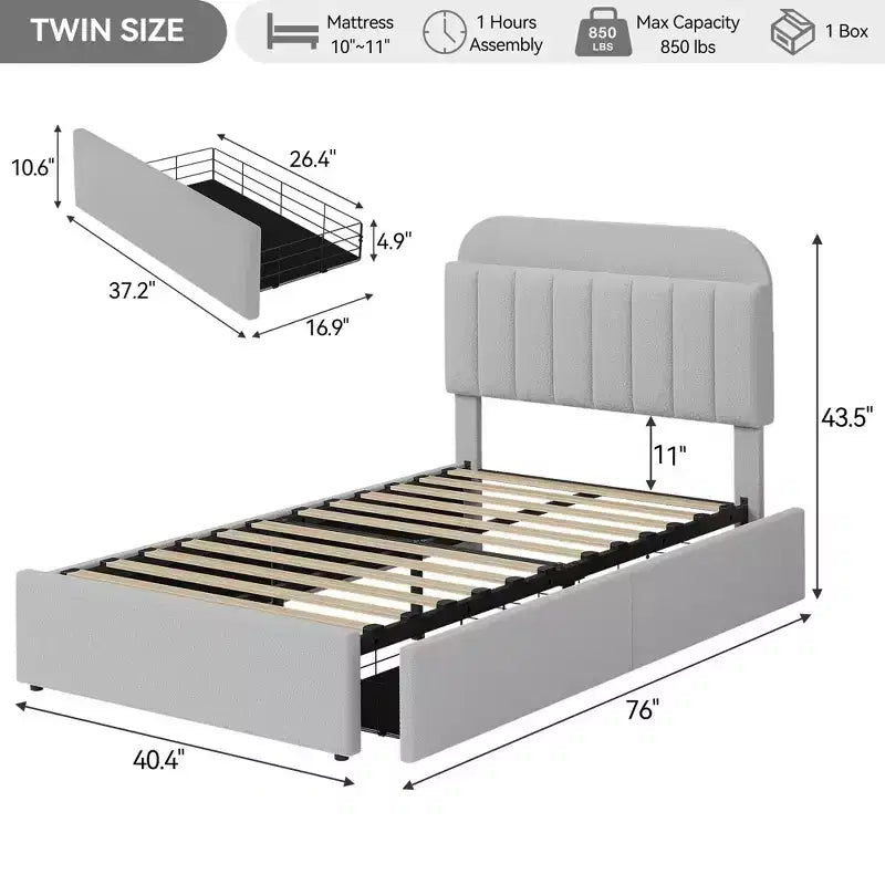 Letto a piattaforma imbottito in tessuto Bouclé, per bambini, grigio, con testiera/libreria contenitore e 2 cassetti, senza rumore, facile da montare, senza necessità di molle, moderno