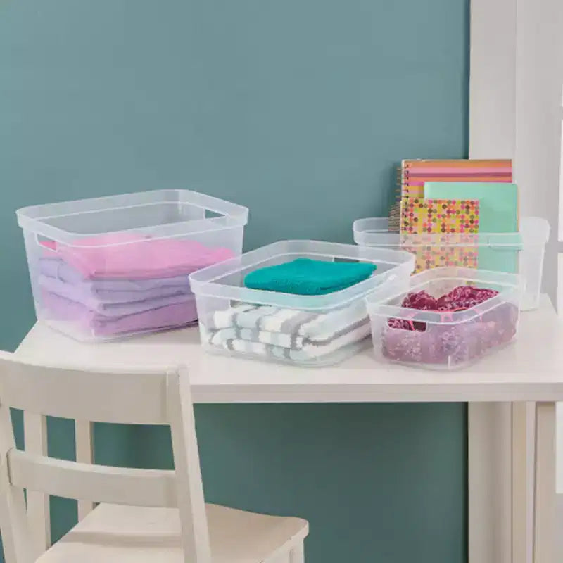 Sterilite 4,25 x 8 x 12,25 pollici piccolo contenitore moderno con comode maniglie di trasporto e bordo rinforzato per l'organizzazione domestica, trasparente (confezione da 16)