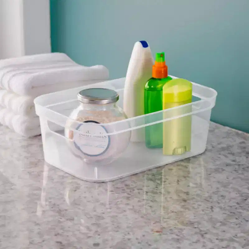 Sterilite 4,25 x 8 x 12,25 pollici piccolo contenitore moderno con comode maniglie di trasporto e bordo rinforzato per l'organizzazione domestica, trasparente (confezione da 16)