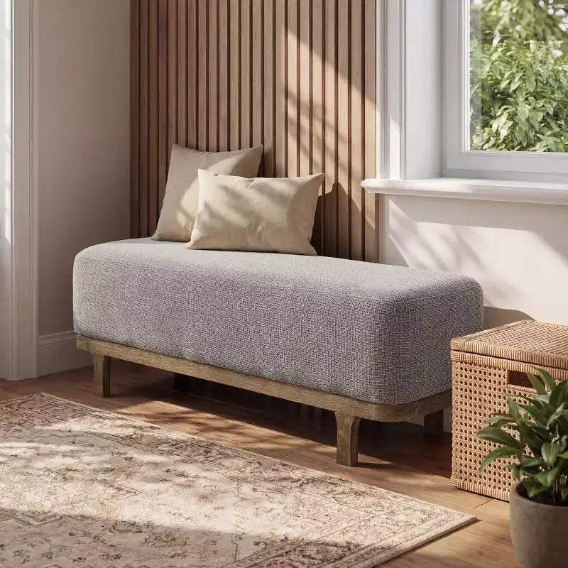 Panca fondoletto Art Leon, panca moderna imbottita in tessuto, pouf da ingresso con gambe in legno di caucciù per camera da letto, soggiorno, corridoio
