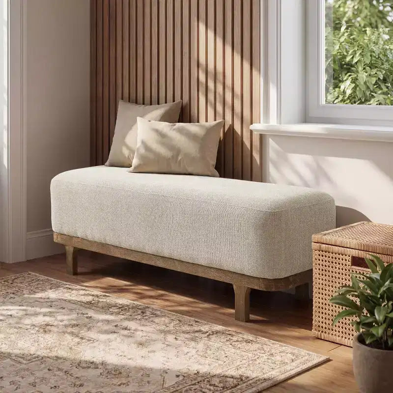 Panca fondoletto Art Leon, panca moderna imbottita in tessuto, pouf da ingresso con gambe in legno di caucciù per camera da letto, soggiorno, corridoio