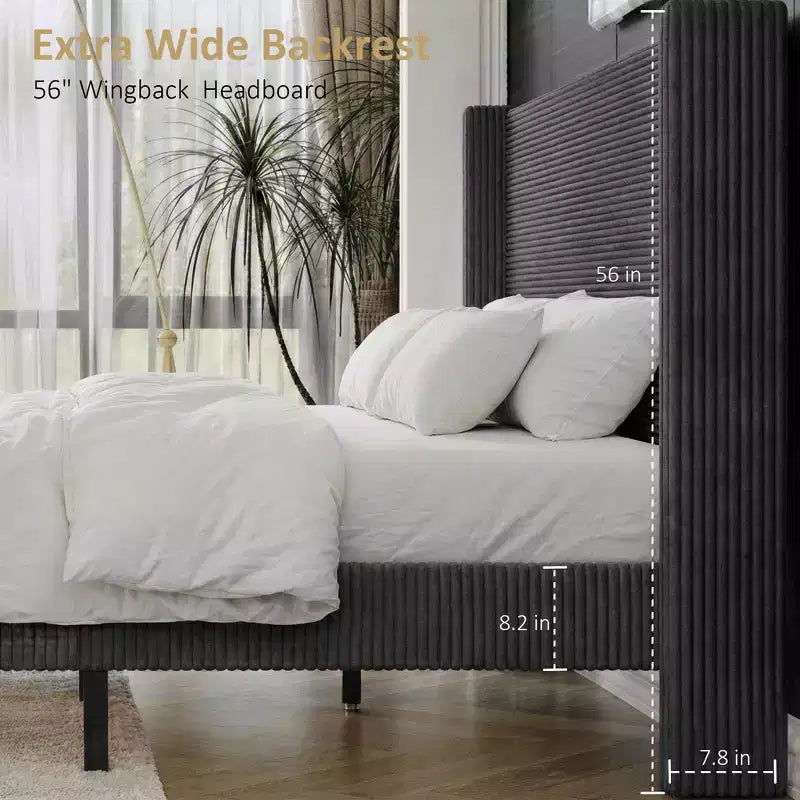 Struttura letto matrimoniale Queen in velluto a coste, struttura letto moderna con testiera alettata alta 142 cm, non richiede rete a molle, facile da montare