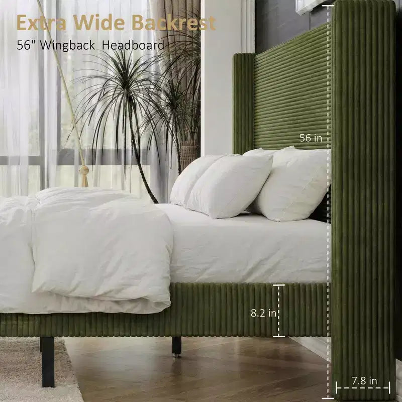 Struttura letto matrimoniale Queen in velluto a coste, struttura letto moderna con testiera alettata alta 142 cm, non richiede rete a molle, facile da montare