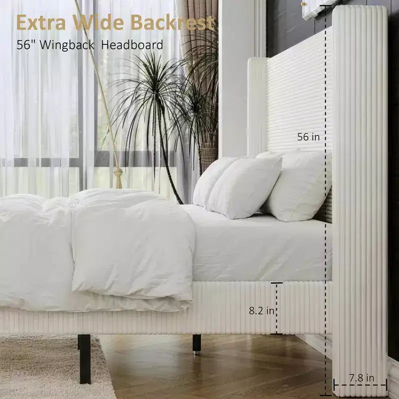 Struttura letto matrimoniale Queen in velluto a coste, struttura letto moderna con testiera alettata alta 142 cm, non richiede rete a molle, facile da montare