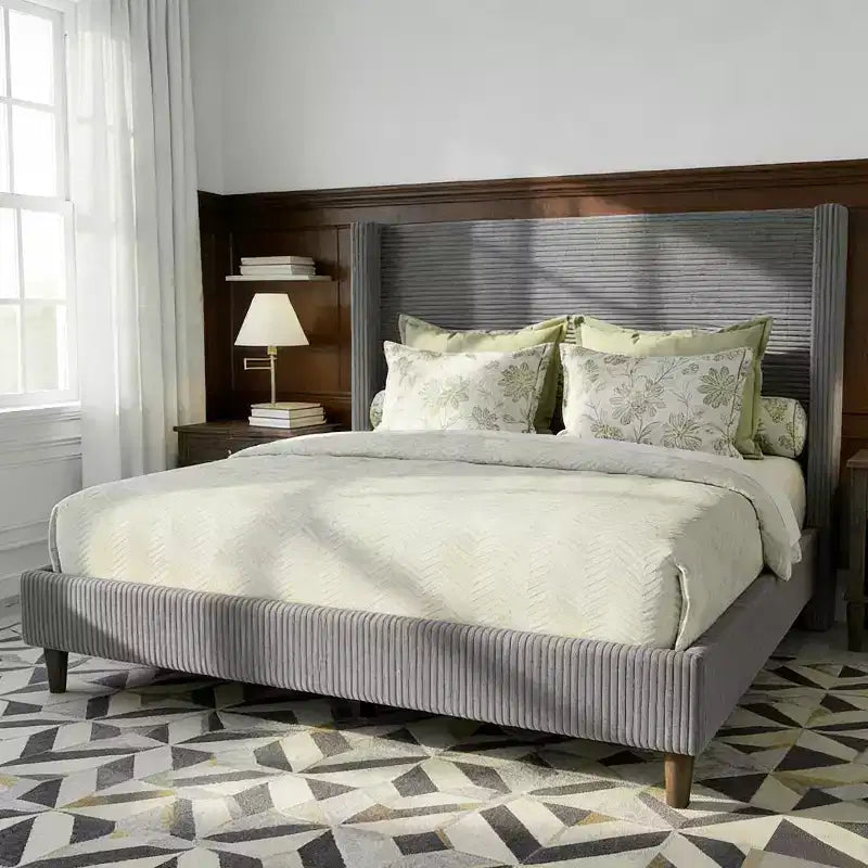 Struttura letto matrimoniale Queen in velluto a coste, struttura letto moderna con testiera alettata alta 142 cm, non richiede rete a molle, facile da montare