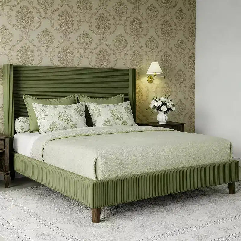Struttura letto matrimoniale Queen in velluto a coste, struttura letto moderna con testiera alettata alta 142 cm, non richiede rete a molle, facile da montare