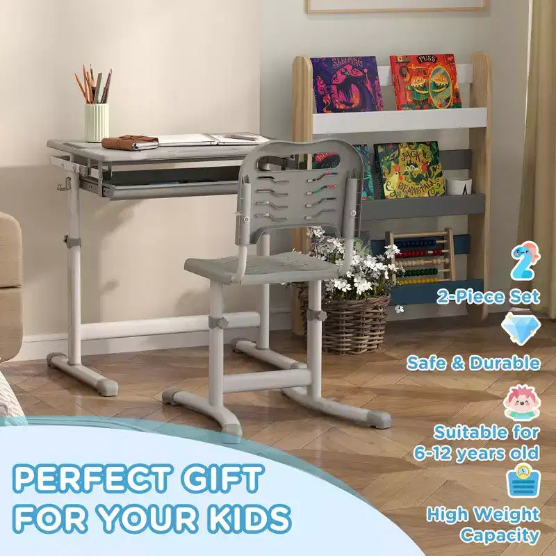 Set scrivania e sedia per bambini regolabili in altezza con desktop inclinabile e cassetto Grigio