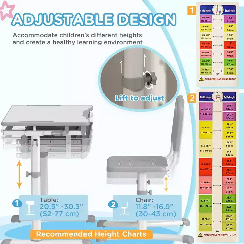 Set scrivania e sedia per bambini regolabili in altezza con desktop inclinabile e cassetto Grigio
