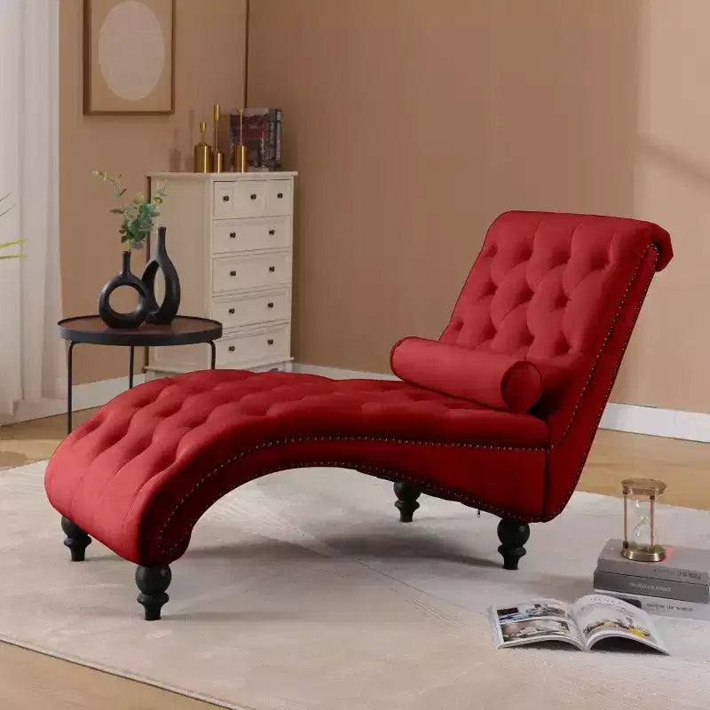 Chaise Longue Vintage in Velluto con Schienale Trapuntato e Bordi con Borchie