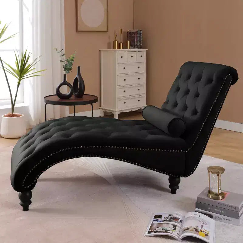 Chaise Longue Vintage in Velluto con Schienale Trapuntato e Bordi con Borchie