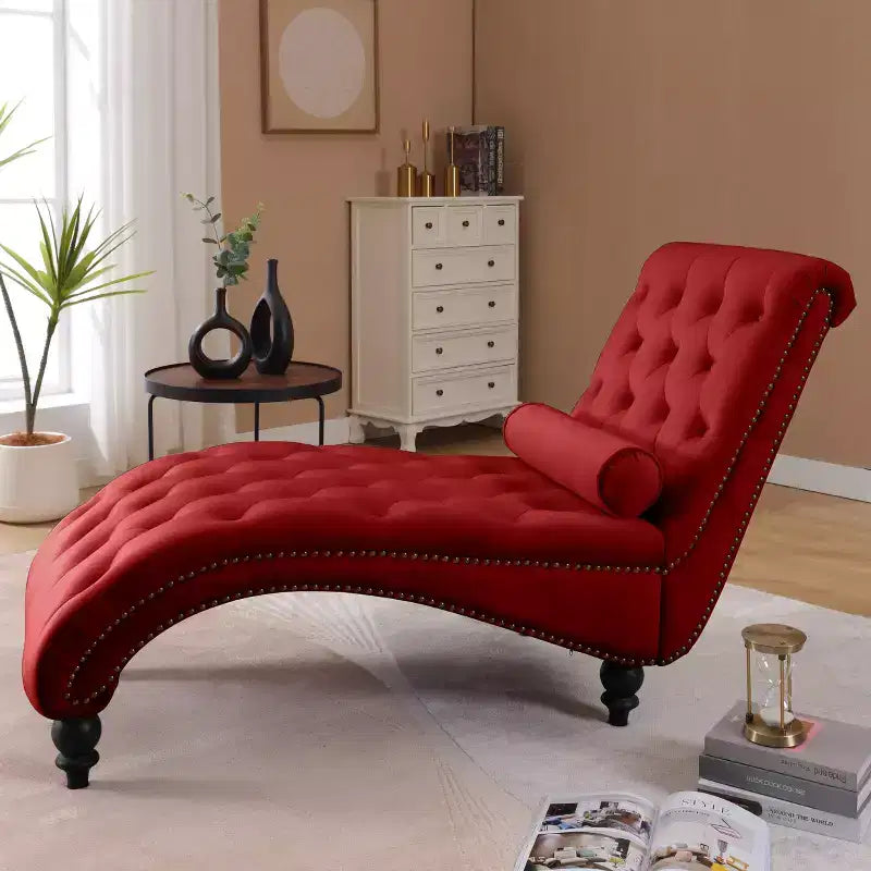 Chaise Longue Vintage in Velluto con Schienale Trapuntato e Bordi con Borchie