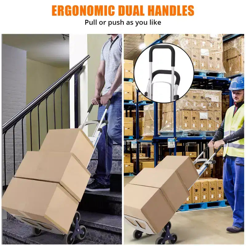 Carrello manuale per salire le scale in alluminio da 650 libbre, manico telescopico doppio, ruote triangolari, carrello portatile per traslochi, ufficio e viaggi