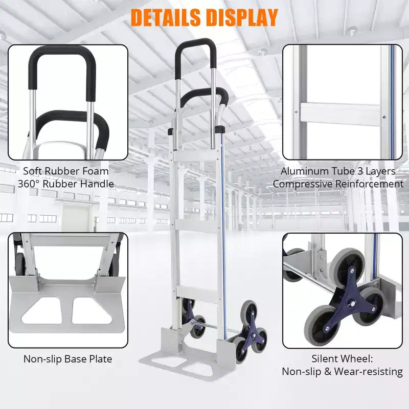 Carrello manuale per salire le scale in alluminio da 650 libbre, manico telescopico doppio, ruote triangolari, carrello portatile per traslochi, ufficio e viaggi