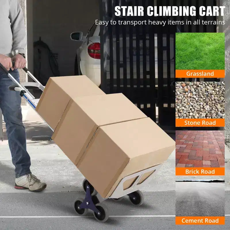 Carrello manuale per salire le scale in alluminio da 650 libbre, manico telescopico doppio, ruote triangolari, carrello portatile per traslochi, ufficio e viaggi