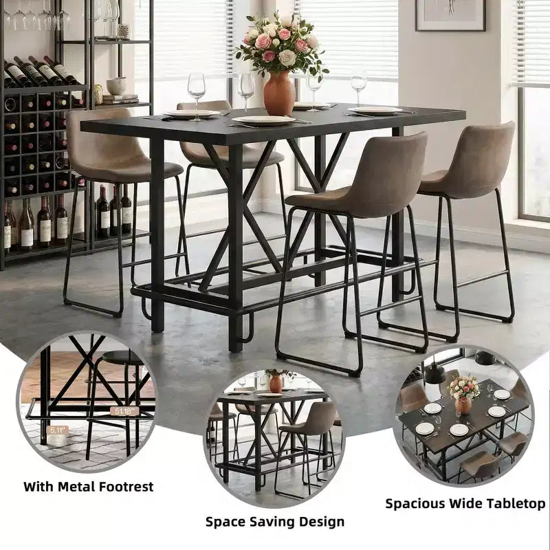 Tavolo da pranzo industriale alto 63 cm, 6 posti, piano rustico in legno e gambe in metallo con poggiapiedi, tavolo da cucina e da lavoro multiuso