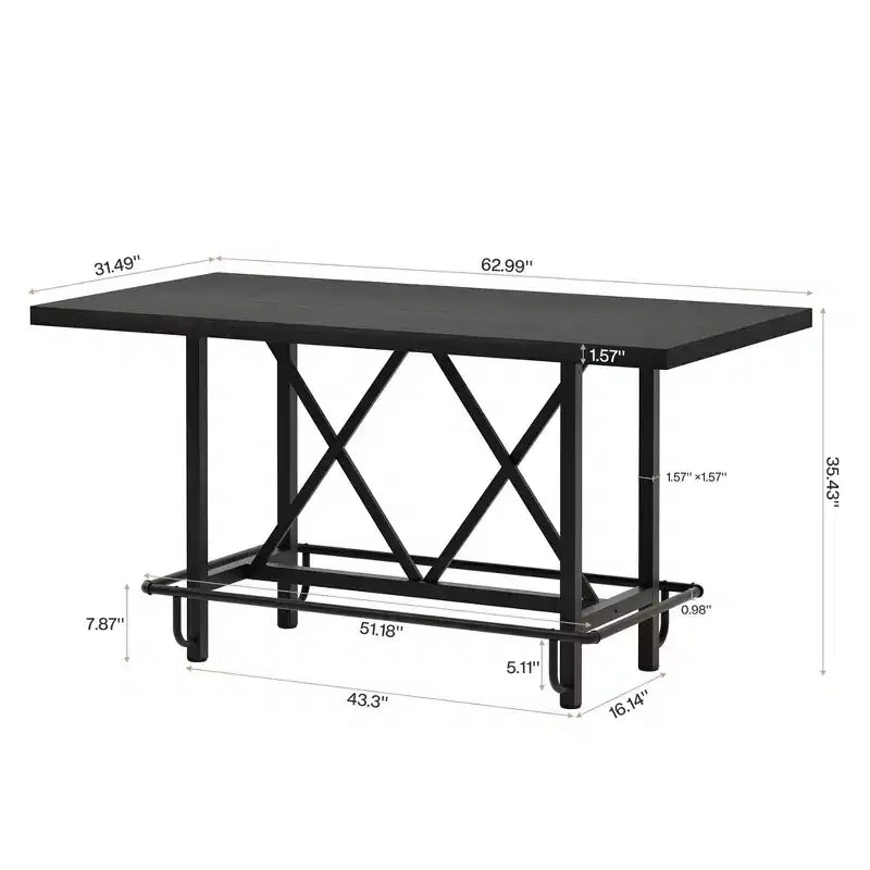 Tavolo da pranzo industriale alto 63 cm, 6 posti, piano rustico in legno e gambe in metallo con poggiapiedi, tavolo da cucina e da lavoro multiuso