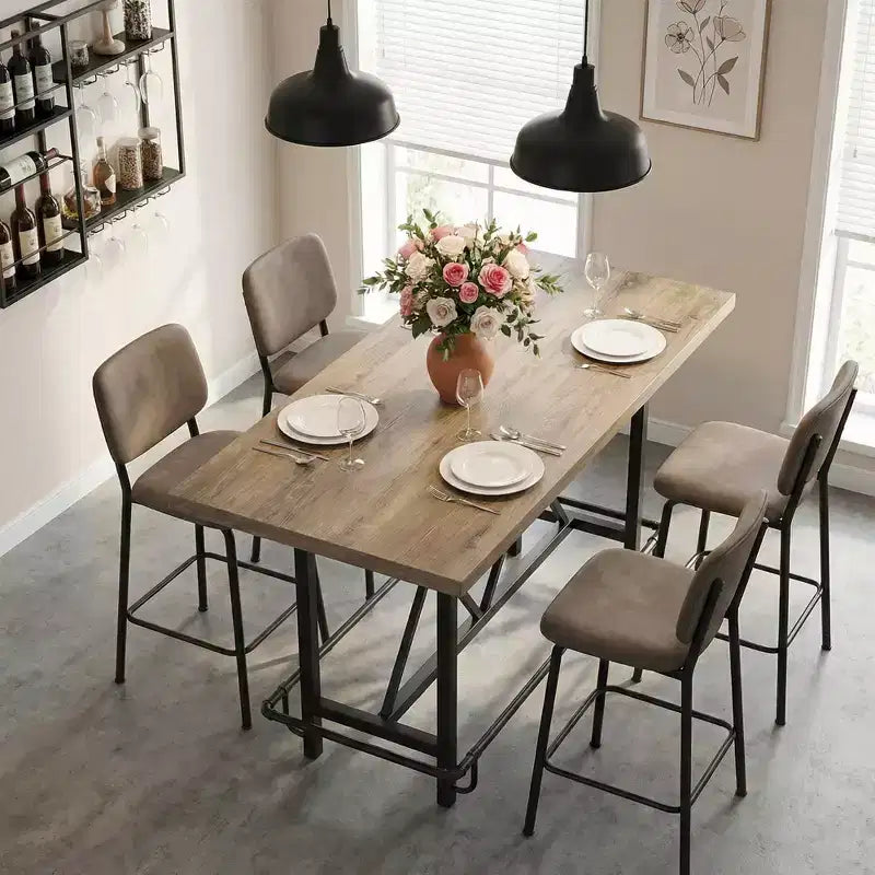Tavolo da pranzo industriale alto 63 cm, 6 posti, piano rustico in legno e gambe in metallo con poggiapiedi, tavolo da cucina e da lavoro multiuso