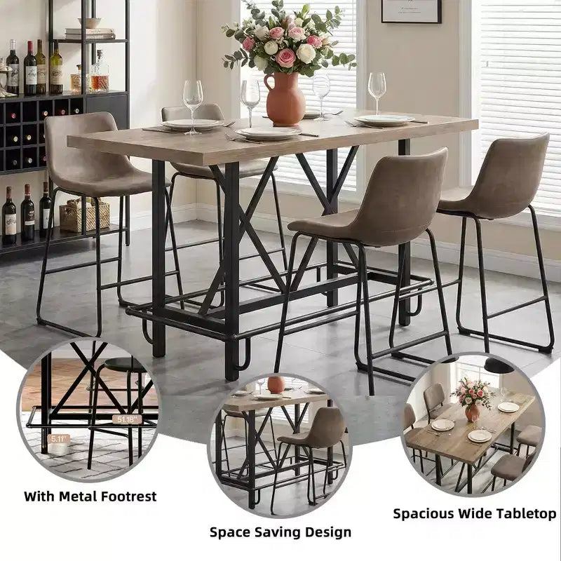 Tavolo da pranzo industriale alto 63 cm, 6 posti, piano rustico in legno e gambe in metallo con poggiapiedi, tavolo da cucina e da lavoro multiuso