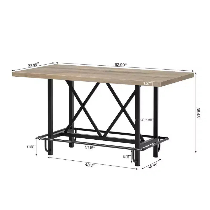 Tavolo da pranzo industriale alto 63 cm, 6 posti, piano rustico in legno e gambe in metallo con poggiapiedi, tavolo da cucina e da lavoro multiuso