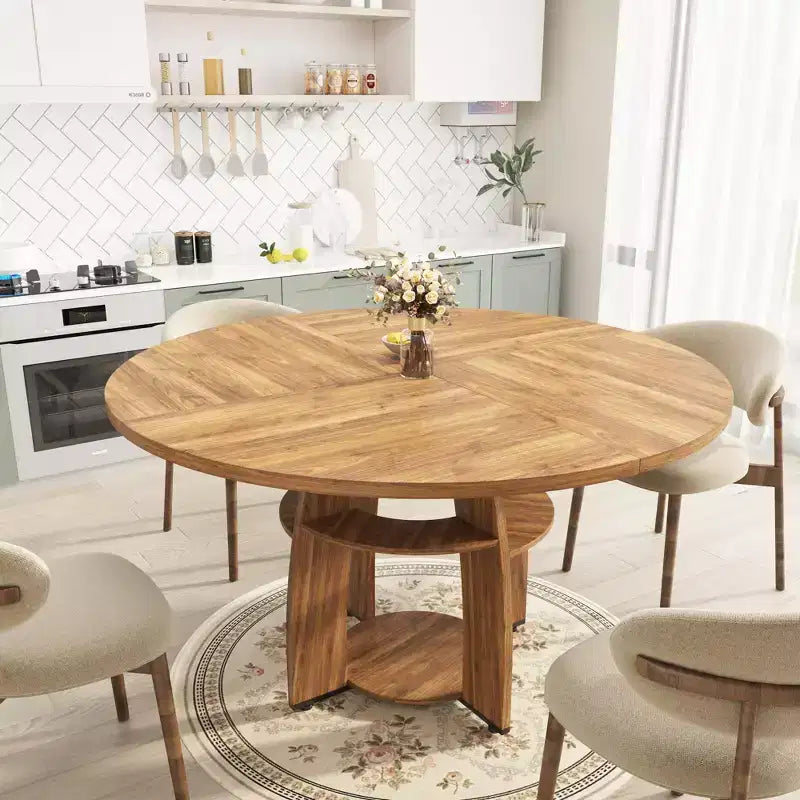 47 Round Dining Table for 4-6, Modern Wood Table with Storage Shelf & Adjustable Feet, for Dining Room, Living Room, Apartment