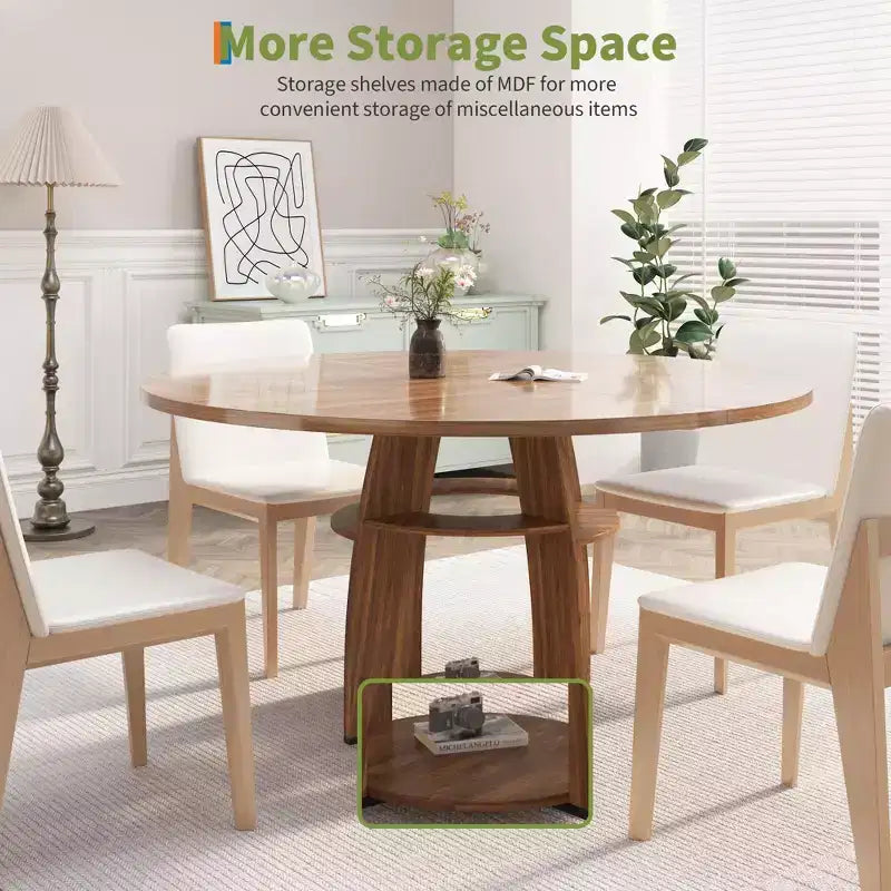 Tavolo da pranzo rotondo da 47" per 4-6 persone, tavolo moderno in legno con ripiano portaoggetti e piedini regolabili, per sala da pranzo, soggiorno, appartamento