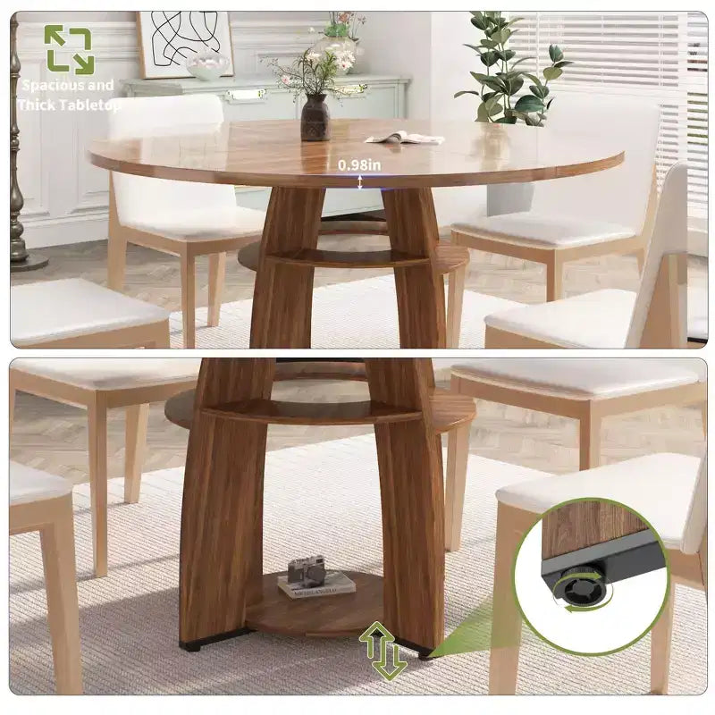 Tavolo da pranzo rotondo da 47" per 4-6 persone, tavolo moderno in legno con ripiano portaoggetti e piedini regolabili, per sala da pranzo, soggiorno, appartamento