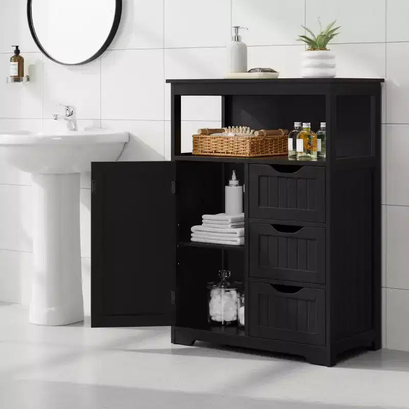 Dcolora Mobiletto da Bagno a Terra con 3 Cassetti e Anta, Ripiano Regolabile, 35.5 Nero