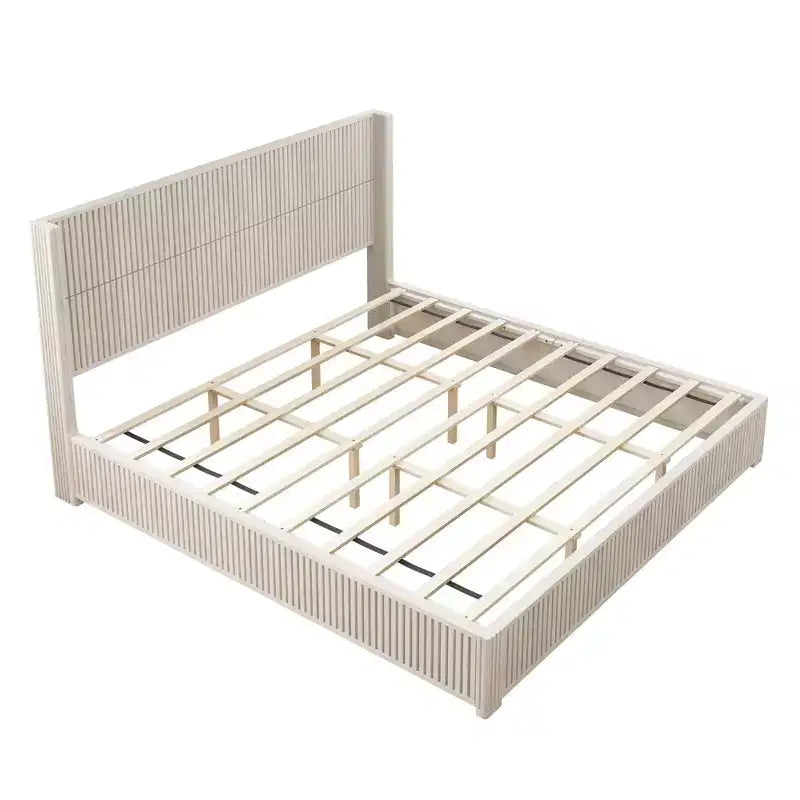 Struttura letto king size in legno massello con testiera, senza bisogno di rete e facile da montare, Beige