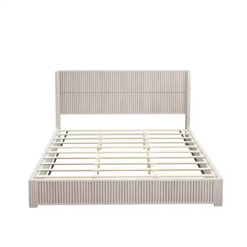 Struttura letto king size in legno massello con testiera, senza bisogno di rete e facile da montare, Beige