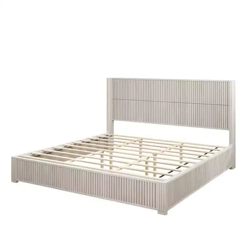 Struttura letto king size in legno massello con testiera, senza bisogno di rete e facile da montare, Beige