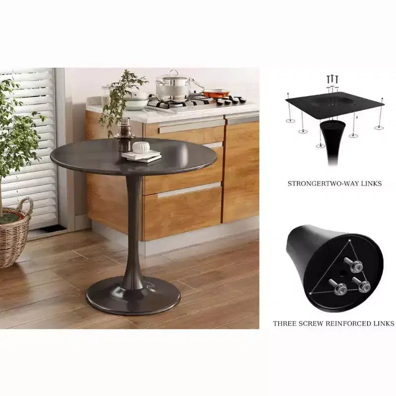 Marchio di giocattoli divertenti Black Round Table, Tavolo da pranzo moderno, Tavolo da cucina rotondo Tulip con piano in MDF e base in acciaio, Tavolino da caffè di metà secolo
