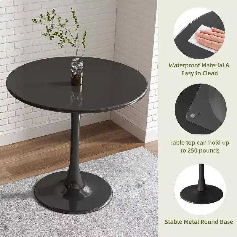 Marchio di giocattoli divertenti Black Round Table, Tavolo da pranzo moderno, Tavolo da cucina rotondo Tulip con piano in MDF e base in acciaio, Tavolino da caffè di metà secolo