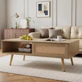 Fun little toys brand 41.34 Rattan Coffee table, sliding door for storage, solid wood legs, Modern table for living room , natural