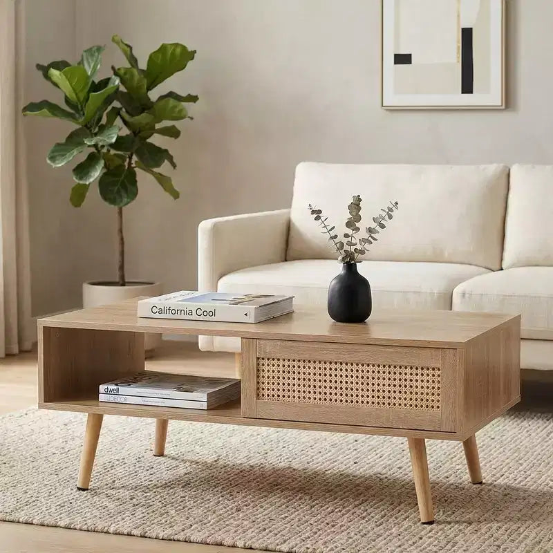 Tavolino da caffè in Rattan 41.34 giocattoli divertenti, porta scorrevole per riporre oggetti, gambe in legno massello, Tavolino moderno per soggiorno, naturale