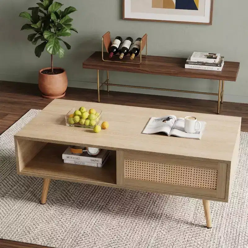 Tavolino da caffè in Rattan 41.34 giocattoli divertenti, porta scorrevole per riporre oggetti, gambe in legno massello, Tavolino moderno per soggiorno, naturale