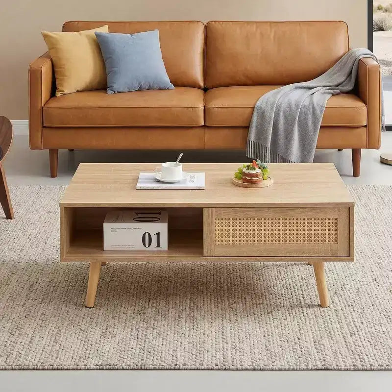 Tavolino da caffè in Rattan 41.34 giocattoli divertenti, porta scorrevole per riporre oggetti, gambe in legno massello, Tavolino moderno per soggiorno, naturale