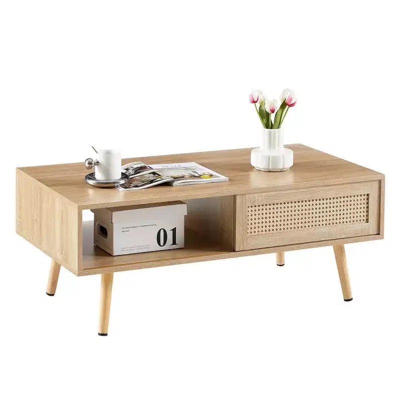 Tavolino da caffè in Rattan 41.34 giocattoli divertenti, porta scorrevole per riporre oggetti, gambe in legno massello, Tavolino moderno per soggiorno, naturale