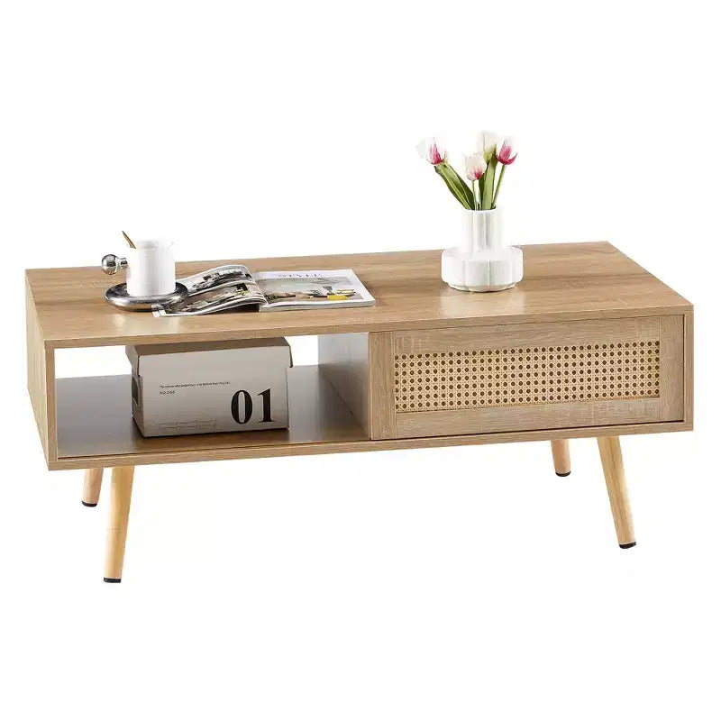 Tavolino da caffè in Rattan 41.34 giocattoli divertenti, porta scorrevole per riporre oggetti, gambe in legno massello, Tavolino moderno per soggiorno, naturale